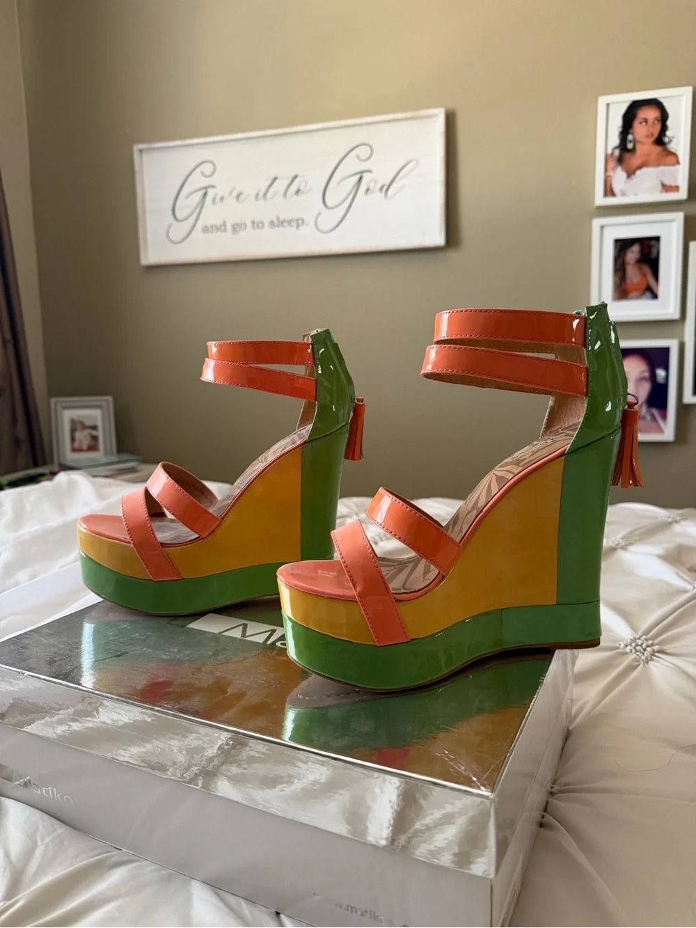 Matiko Echo Platform Wedge Sandals in Green, light pink & Yellow